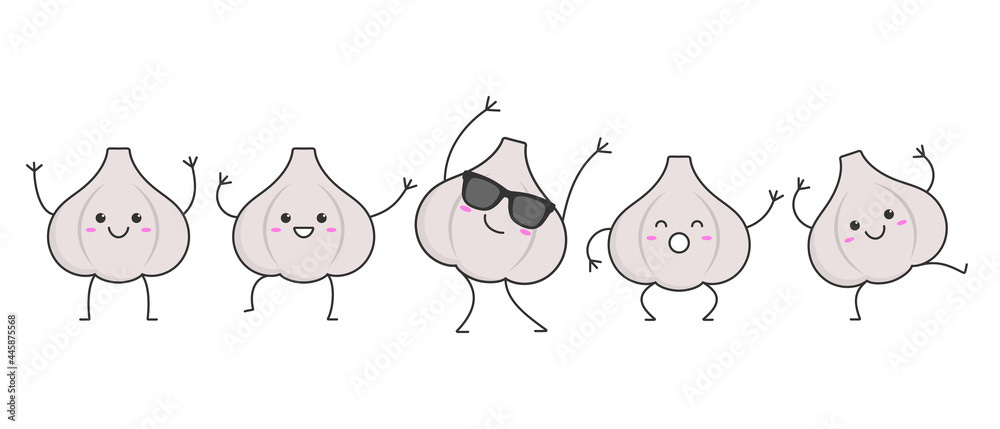 Character cartoon garlic dancing happy smile emotions icon logo vector illustration.