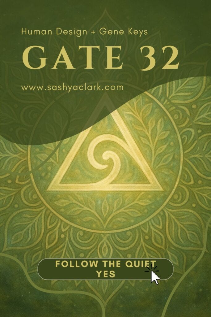 Ethereal cosmic artwork in olive green tones with prismatic light forming roots and branches, symbolizing continuity, resilience, and growth for Human Design Gate 32.