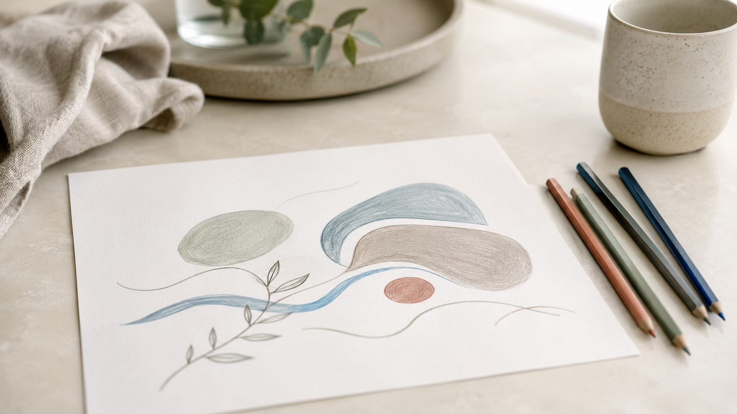 Abstract shapes and coloured pencils on a calm table, suggesting a gentle creative doorway into emotional processing. Abstract shapes and coloured pencils on a calm table, suggesting a gentle creative doorway into emotional processing.