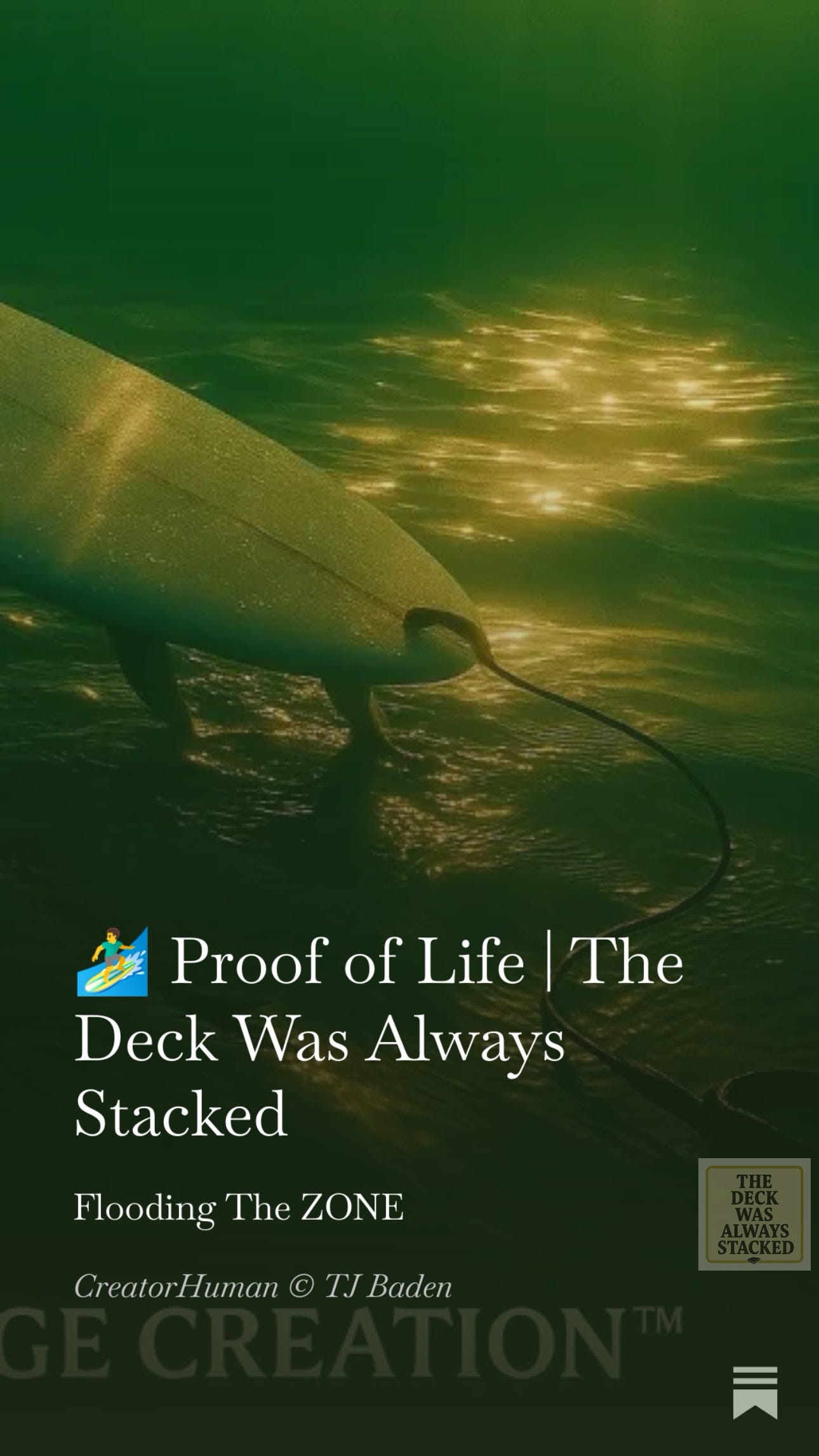 Hybrid of surreal photography + minimal vector geometry (spiral / wave / eye).Color field: Gold-Green gradient (#C7A969 → #2A1E18 → #0E0D0C).Texture: Matte paper finish.Typography: Serif headers (Cinzel / Playfair), sans-serif body (DM Sans / Montserrat).Watermark space: Lower center, Truth Engine | Creator Human.  Hero Motifs to Reuse: