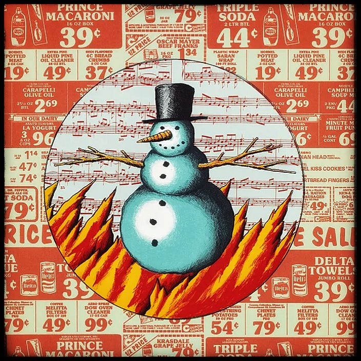 Lithograph detail of a snowman engulfed in flames. Lithograph detail of a snowman engulfed in flames.