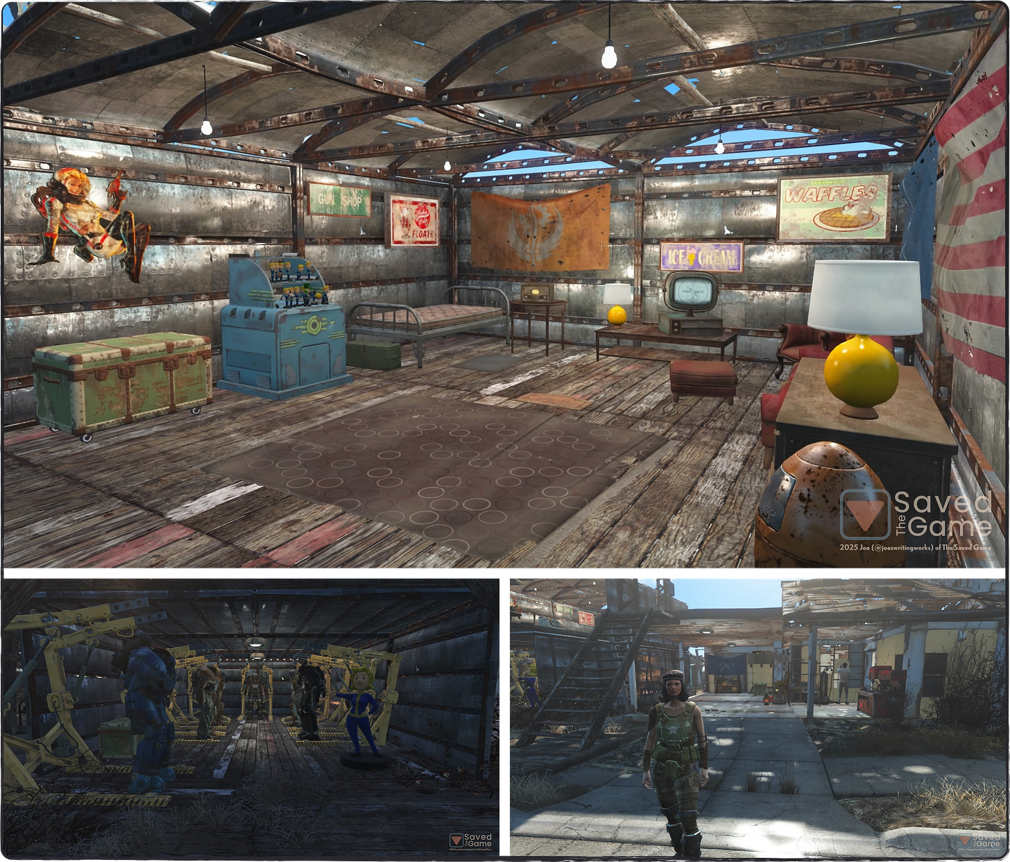 Some of the various spaces in my latest game’s settlement of Sanctuary Hills, including a room for collectibles, a Power Armor garage, and the house that Sturges continues to tirelessly work on!