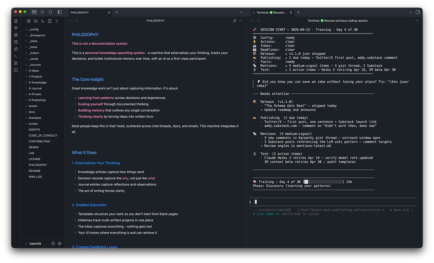 Screenshot of Obsidian with a markdown wiki open on the left and Claude Code    terminal on the right showing a structured session start with status indicators for     config, inbox, deadlines, publishing, mentions, and tech signals. 
