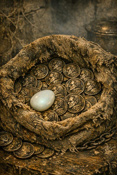 Moldy sack of electrum coins with Strahd profile and a Stone of Good Luck Moldy sack of electrum coins with Strahd profile and a Stone of Good Luck