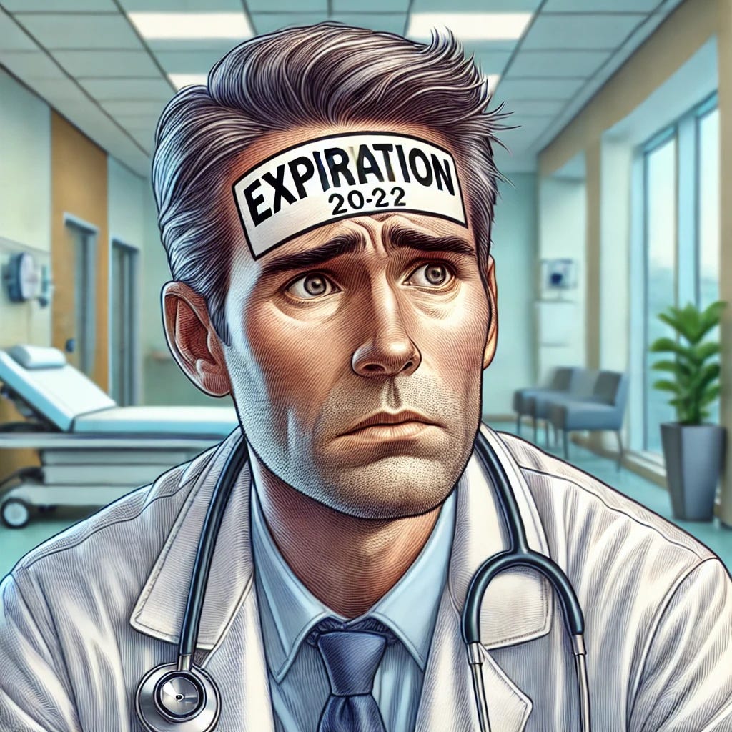 A detailed digital illustration of a cardiologist with a worried facial expression, wearing a white coat and a stethoscope. On their forehead, there is a clearly visible expiration date, marked as if they have passed their expiration. The expression conveys concern, fatigue, or existential reflection. The background is a modern hospital setting with a slightly surreal and thought-provoking atmosphere. A detailed digital illustration of a cardiologist with a worried facial expression, wearing a white coat and a stethoscope. On their forehead, there is a clearly visible expiration date, marked as if they have passed their expiration. The expression conveys concern, fatigue, or existential reflection. The background is a modern hospital setting with a slightly surreal and thought-provoking atmosphere.