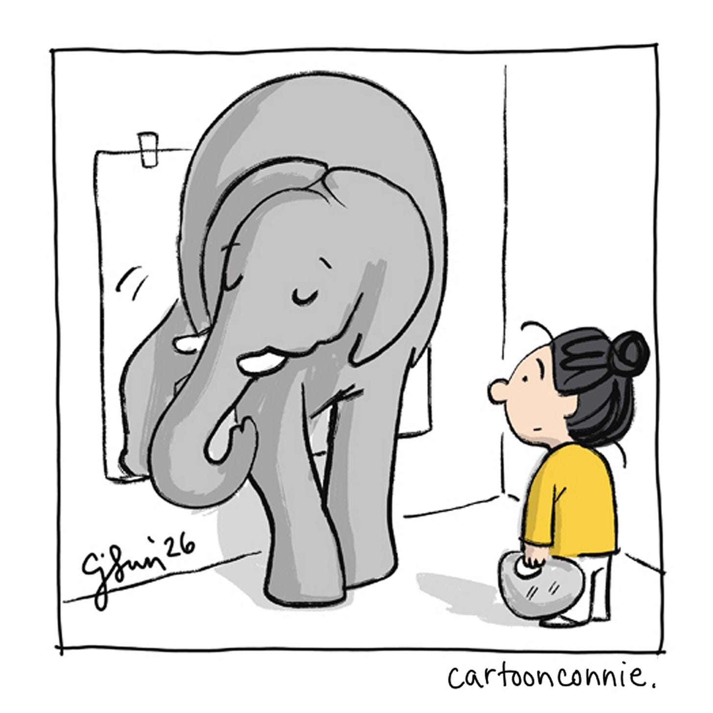 Panel 3 of 12 of a 2-page wordless illustrated comic, titled "Art Can Be A Good Companion," 2026, original artwork by Connie Sun, cartoonconnie. Panel 3 of 12 of a 2-page wordless illustrated comic, titled "Art Can Be A Good Companion," 2026, original artwork by Connie Sun, cartoonconnie.