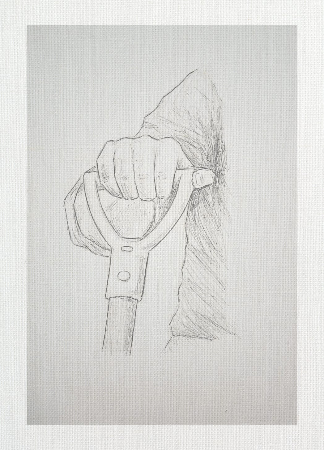 pencil sketch with canvas texture of a hand holding a shovel