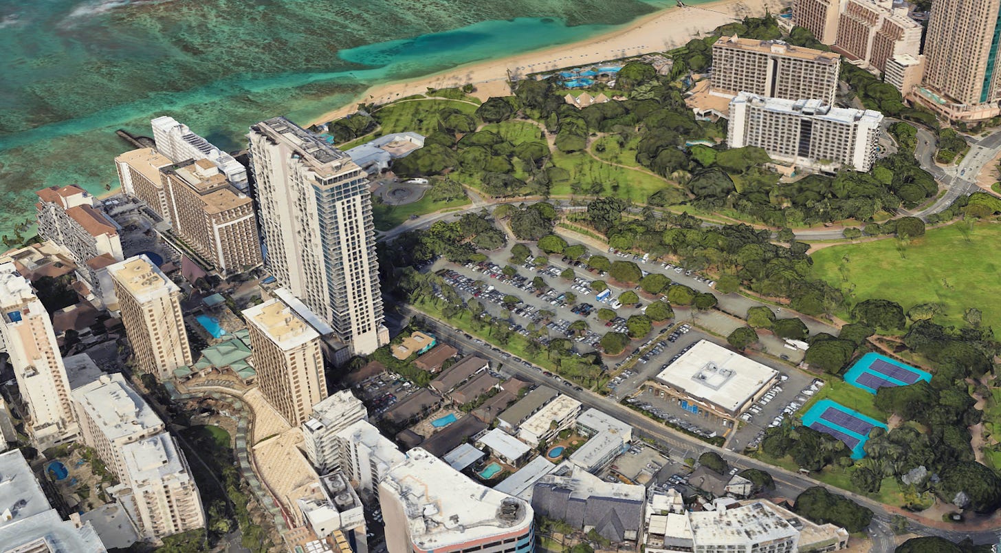 An image of Waikiki with a large one-story USPS building An image of Waikiki with a large one-story USPS building