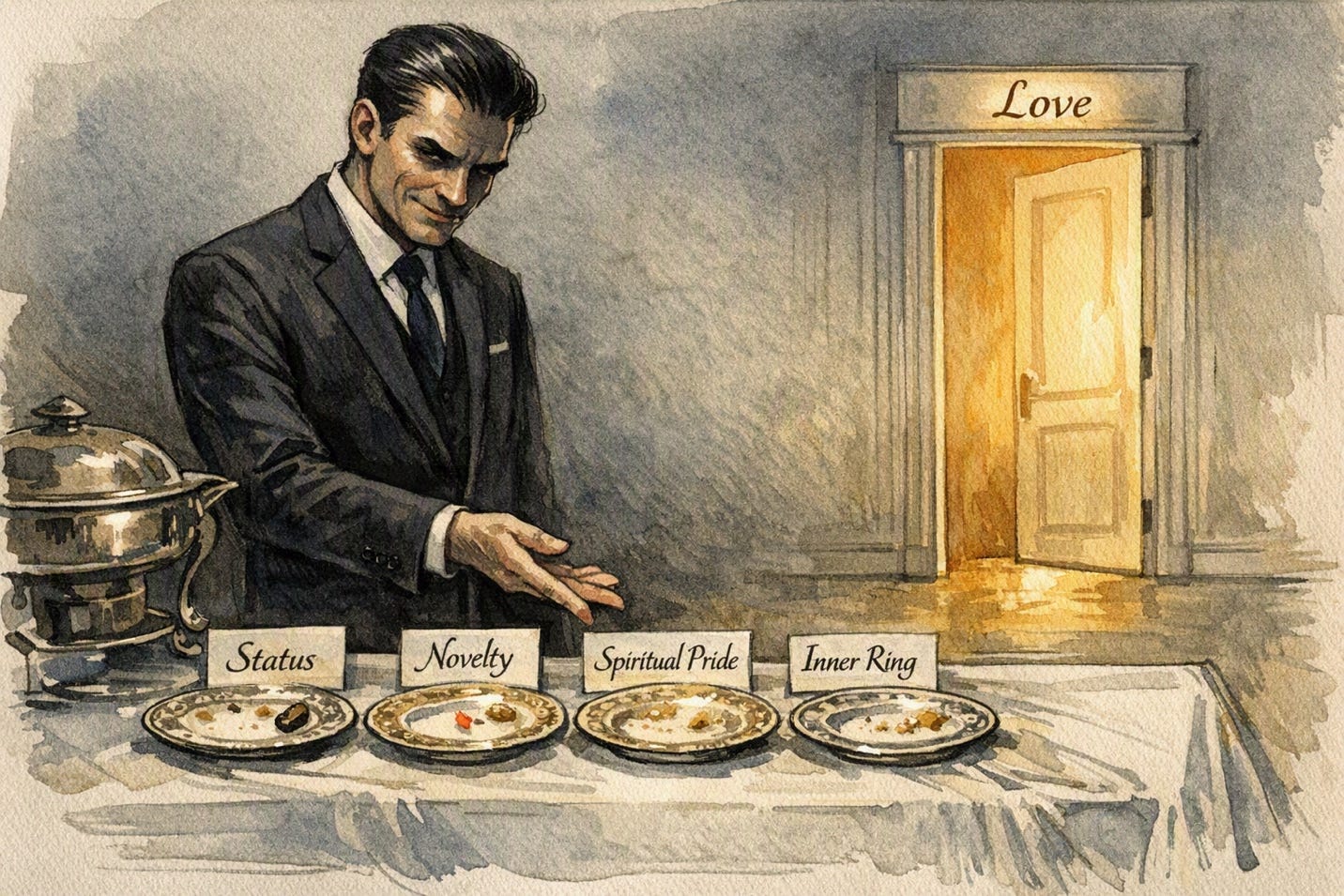 Satirical illustration of a polished man presenting a buffet labeled Ego’s Scraps, with small plates labeled Status, Novelty, Spiritual Pride, and Inner Ring, while a glowing doorway labeled Love stands in the background.