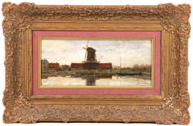 'Molen aan de waterkant' - olieverf op paneel: Johannes Destree (lotnr 123, Venduehuis Nexdoor veiling) 'Molen aan de waterkant' - olieverf op paneel: Johannes Destree (lotnr 123, Venduehuis Nexdoor veiling)