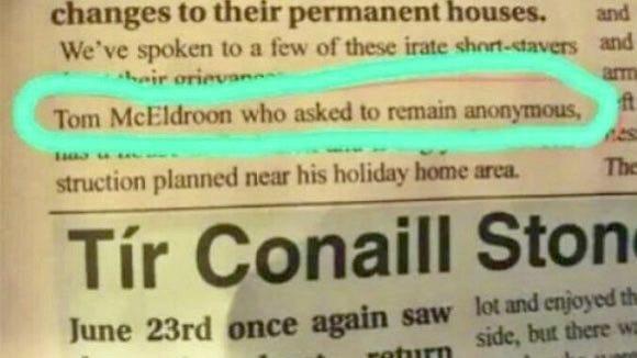 newspaper article with text “Tom McEldroon who asked to remain anonymous.” circled newspaper article with text “Tom McEldroon who asked to remain anonymous.” circled