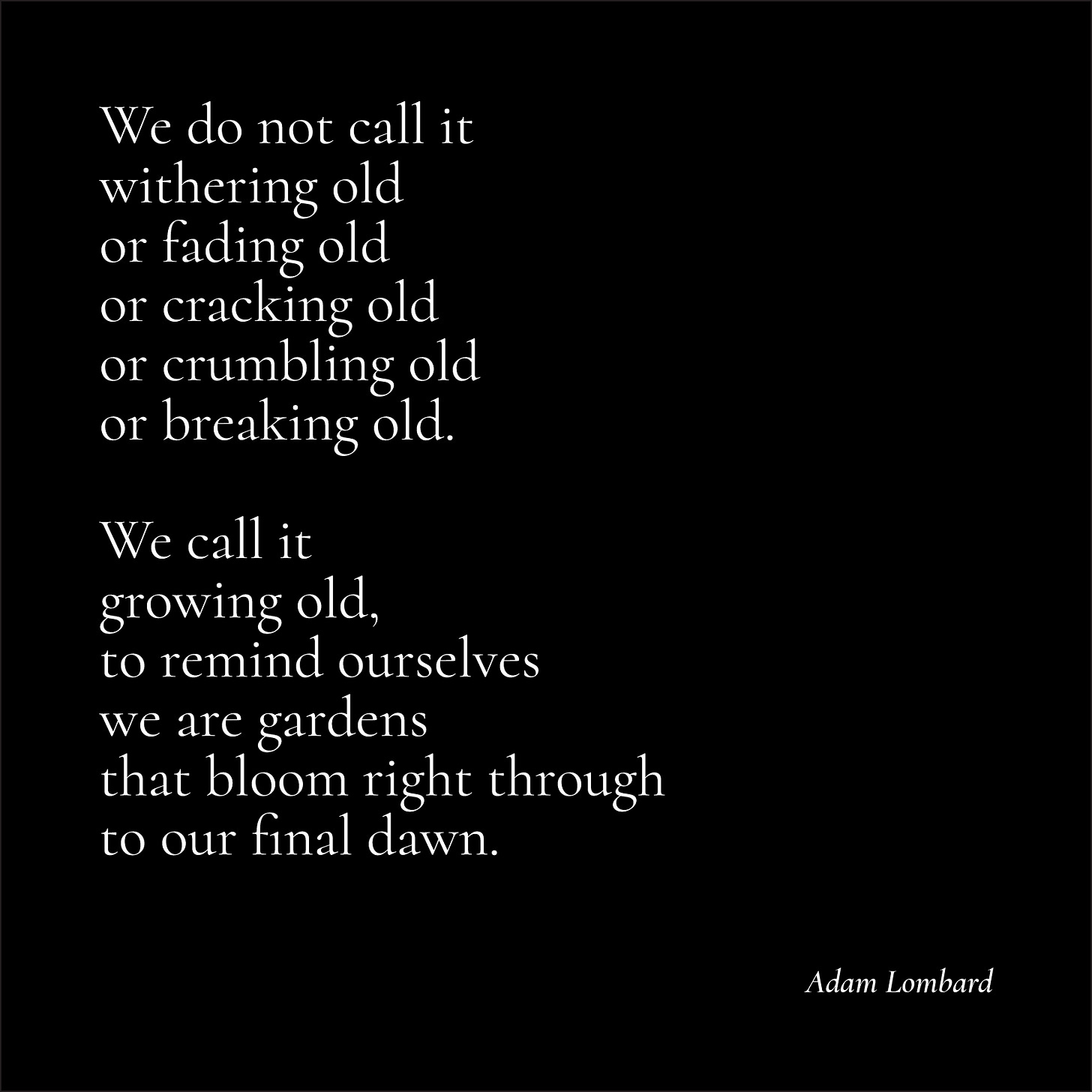 A poem in white text on a black card, which reads: "We do not call it  withering old or fading old or cracking old or crumbling old or breaking old.  We call it growing old, to remind ourselves we are gardens that bloom right through to our final dawn. — Adam Lombard"