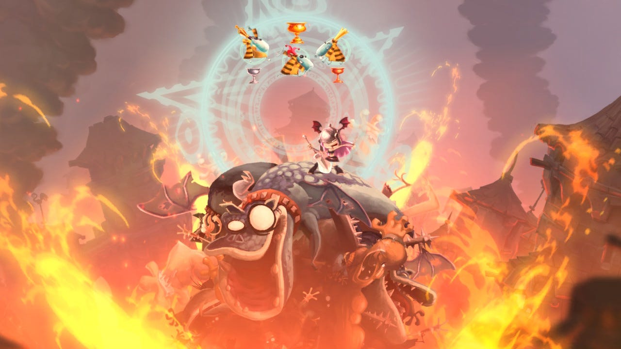 One of the barbarian princesses rocks out on top of a pile of dragons.