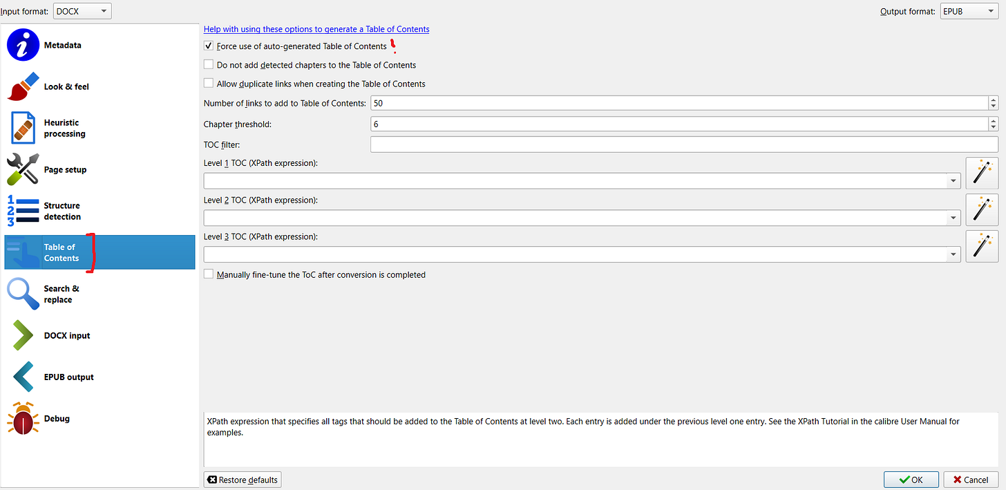 Screenshot of Table of Contents page in conversion menu.