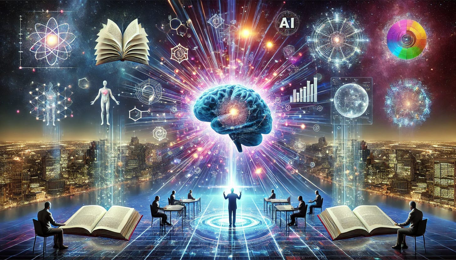 A futuristic and visually striking image depicting an AI-powered explosion of knowledge. The image features a digital brain at the center, radiating beams of light that transform into books, scientific equations, and holographic displays of data. The background shows a city skyline blending into a cosmic universe, symbolizing the vast expansion of human understanding. Floating around the central AI brain, human figures interact with AI-generated insights on transparent screens, highlighting the collaboration between human curiosity and artificial intelligence. The color scheme is a blend of deep blues, purples, and electric neon tones, emphasizing the high-tech and transformative nature of AI-driven knowledge discovery.