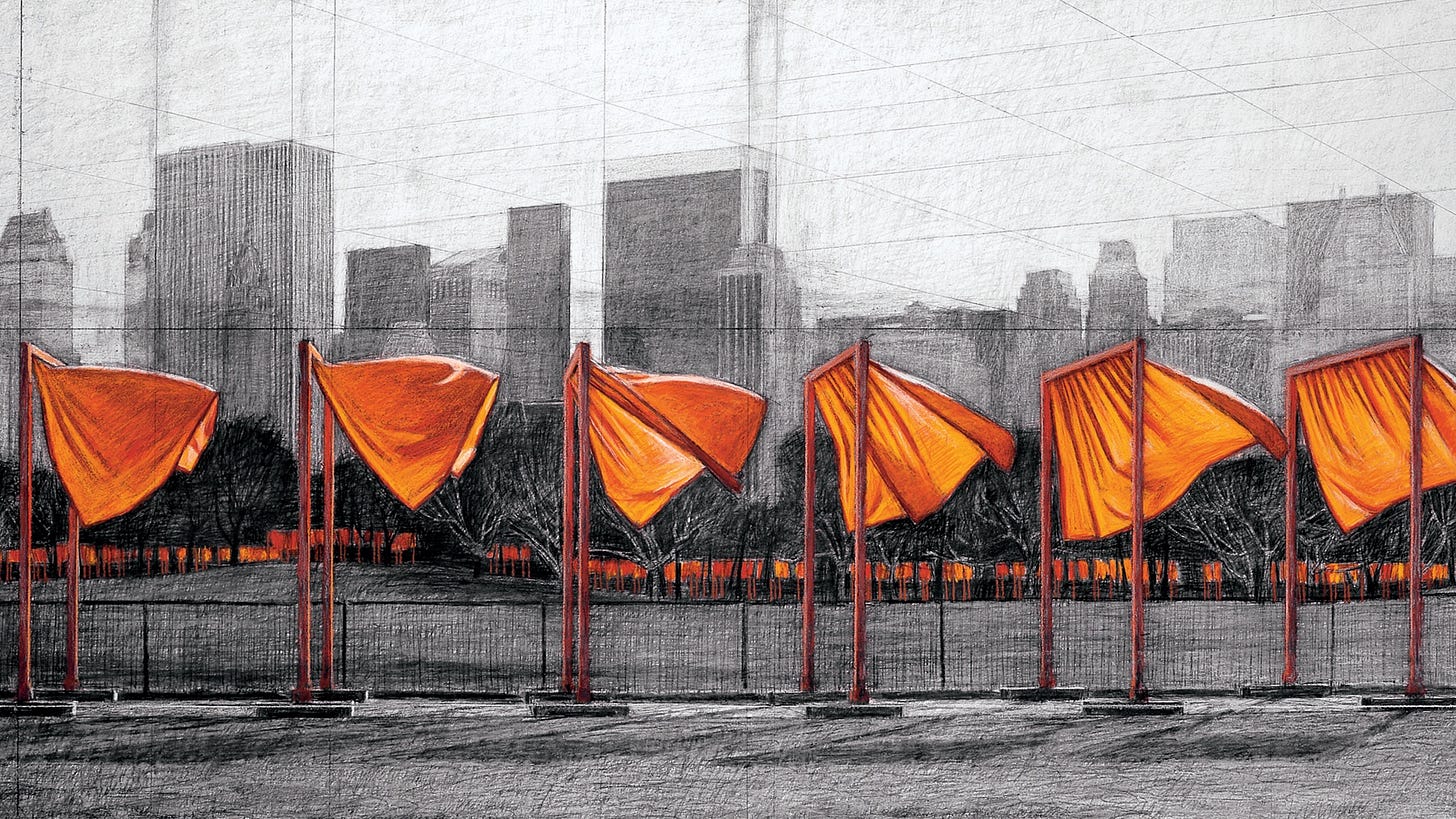 A drawing by the artist Christo. In gray graphite and charcoal, the drawing shows a city skyline in the distance behind a park, and in the foreground in saffron pastel blow a line of fabric curtains hanging from archway gates. A drawing by the artist Christo. In gray graphite and charcoal, the drawing shows a city skyline in the distance behind a park, and in the foreground in saffron pastel blow a line of fabric curtains hanging from archway gates.