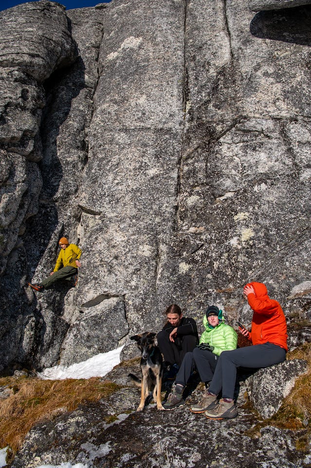 A broad lichen-covered granite wall with one person wedged climbing in a low crack while three others and a black and tan dog rest at its base.