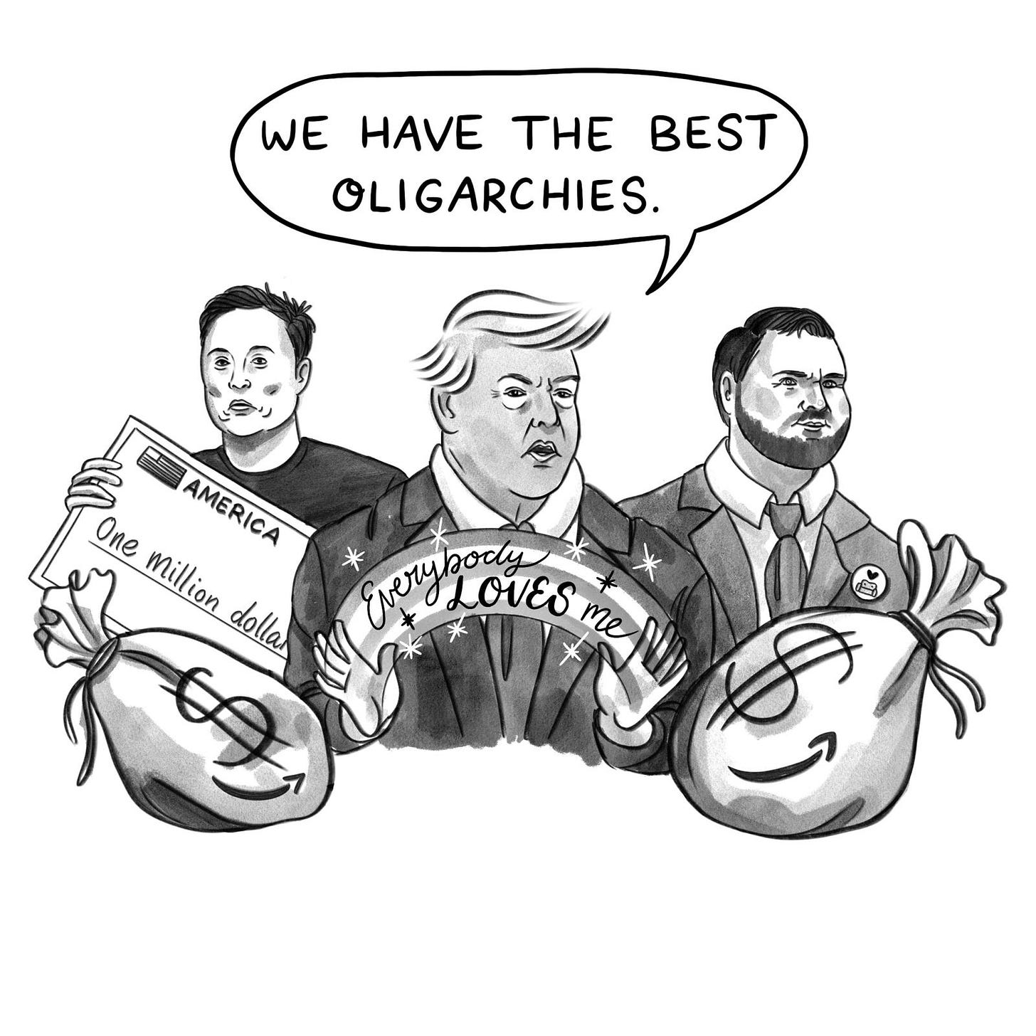 Elon Musk Donald Trump and J. D. Vance with bags of money and a giant check.