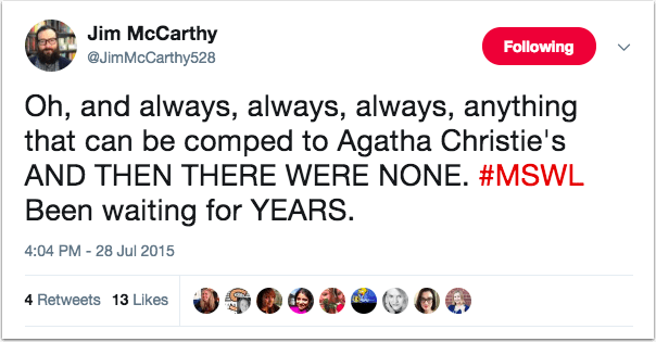 Jim McCarthy's EXACT-MATCH MSWL tweet.