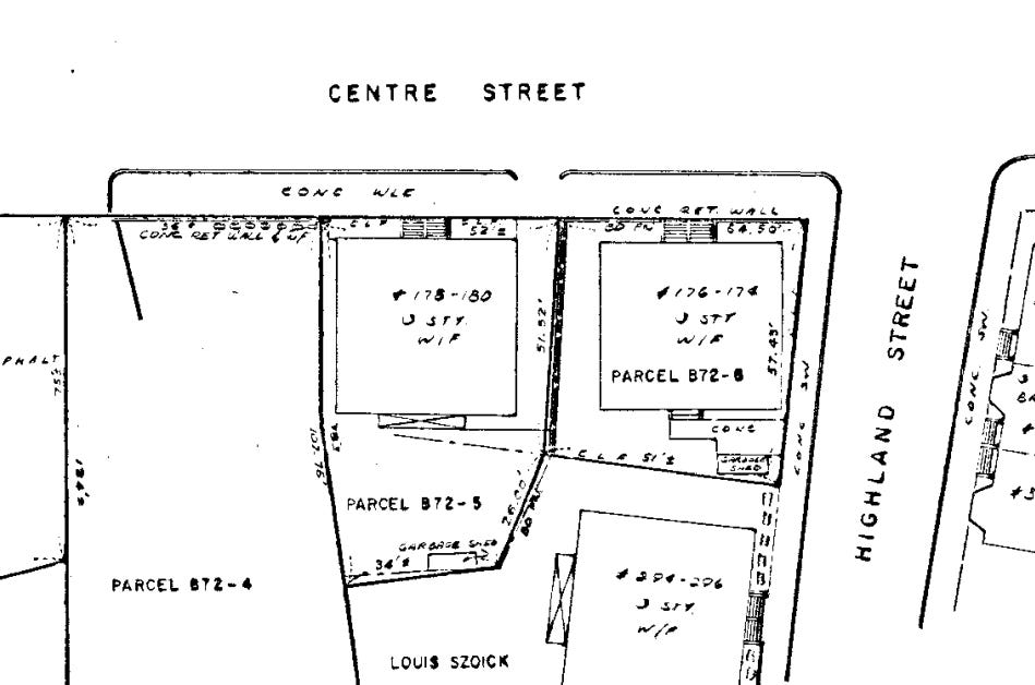 Land plan, black and white, showing Centre Street at Highland. Land plan, black and white, showing Centre Street at Highland.