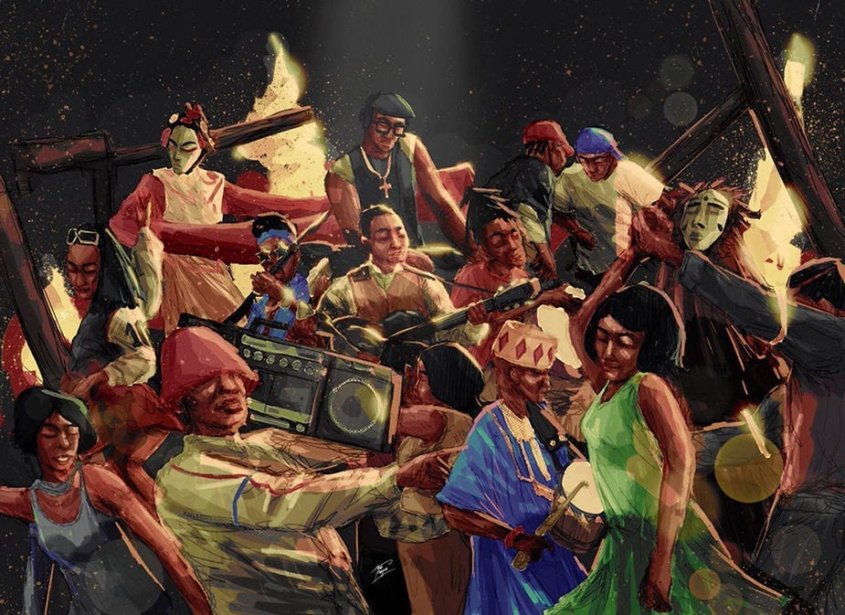 Colorful group of people dancing and playing instruments under bright lights. One holds a boombox, others wear masks. Energetic scene. Colorful group of people dancing and playing instruments under bright lights. One holds a boombox, others wear masks. Energetic scene.