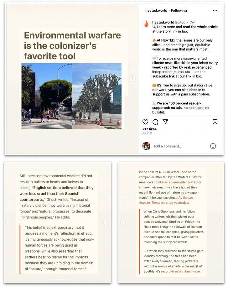 Heated sharing Substack posts to their Instagram feed.