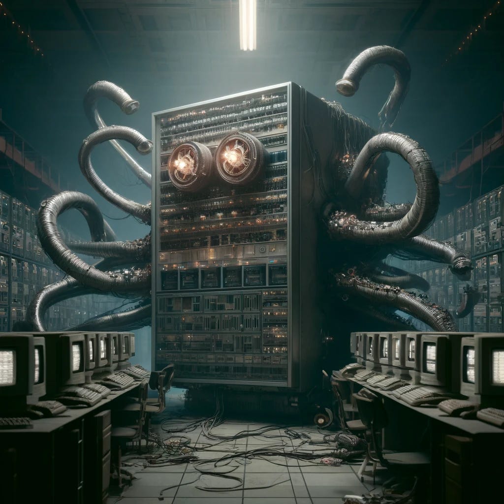 Imagine a surreal depiction of an IBM mainframe from the 1970s, transformed into a colossal monster. This creature has a body that resembles the bulky, rectangular shape of a vintage mainframe, complete with tape reels for eyes and flashing lights across its surface. Its many tentacles, which are a mix of electrical cables and mechanical arms, sprawl out in all directions, ensnaring anything in their path. The setting is an old computer room, with rows of less monstrous computers and equipment, giving off a vibe of technological awe and a hint of danger. The atmosphere is dark and moody, illuminated only by the flickering lights of the mainframe monster and the ambient glow of computer screens.