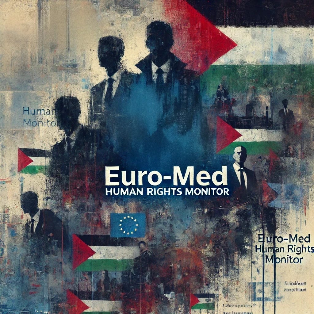 An abstract digital artwork featuring a blend of dark and light hues, symbolizing scrutiny and hidden agendas. Faint silhouettes of interwoven political figures in the background, representing secret affiliations. The image should exclude all text and logos while maintaining the composition. The color palette should include deep blues, grays, and hints of red to evoke a sense of controversy and investigation. Palestinian flags should remain in the composition.