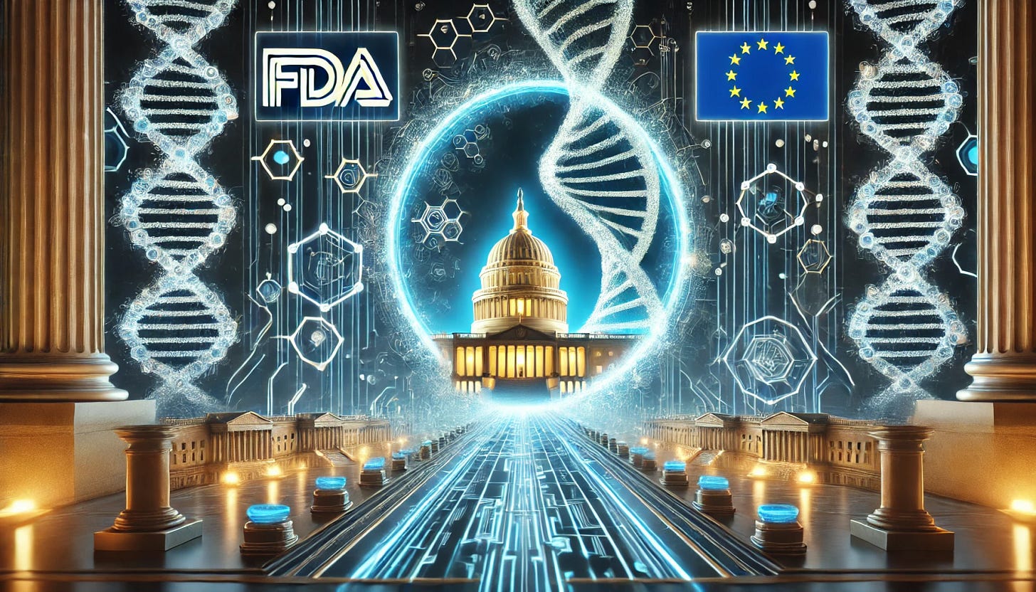 A futuristic digital illustration depicting the FDA and EU regulatory approval of Bio-AI technology. The image features a symbolic gateway opening with glowing DNA strands and AI circuits flowing through, representing biotech innovation being unleashed. In the background, the U.S. Capitol and the European Parliament are subtly integrated, symbolizing regulatory oversight. The scene has a high-tech, blue and gold color scheme, emphasizing global impact and transformation.