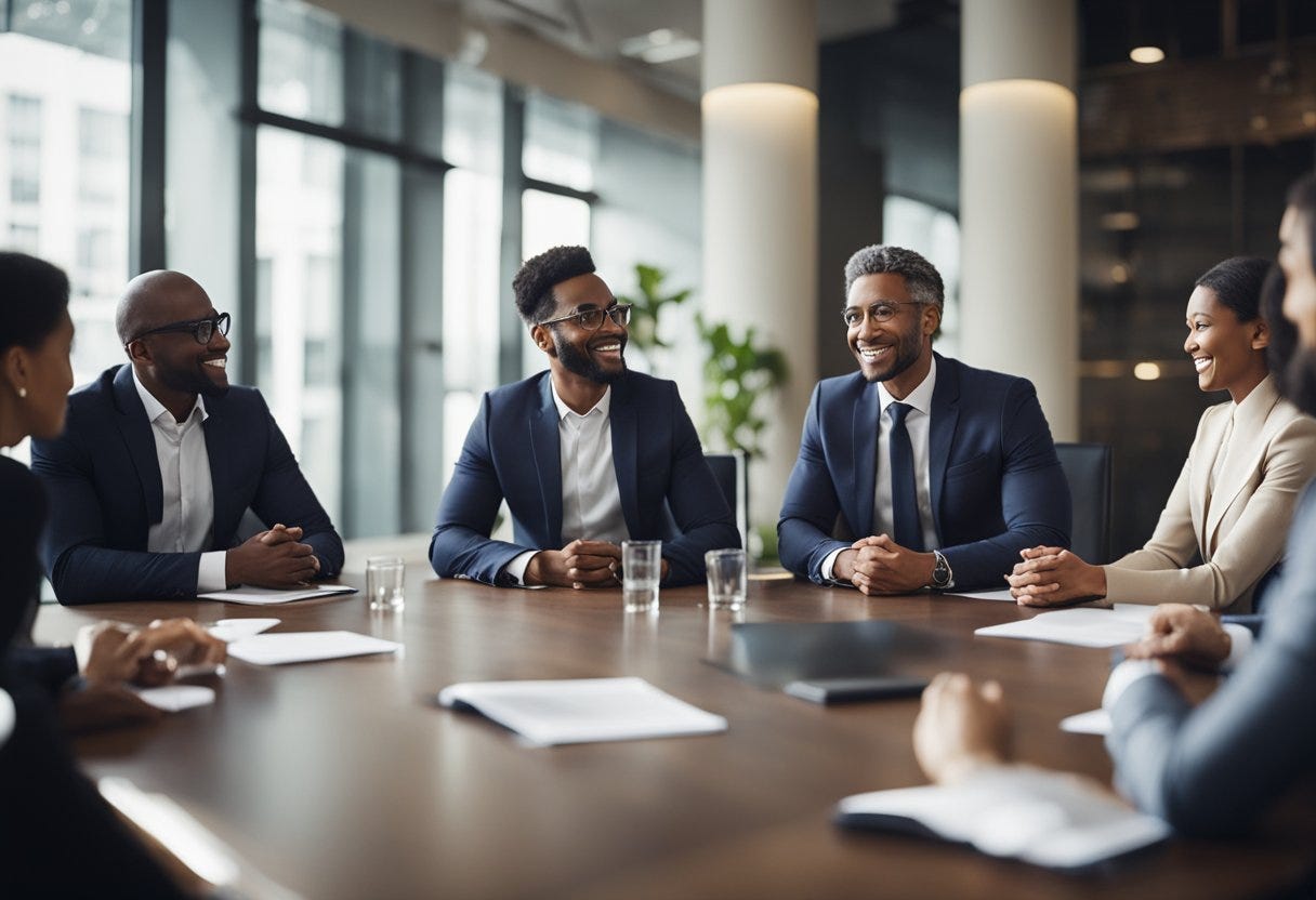A group of diverse individuals meeting around a table, discussing and making decisions about government policies and leadership with a sense of cooperation and respect