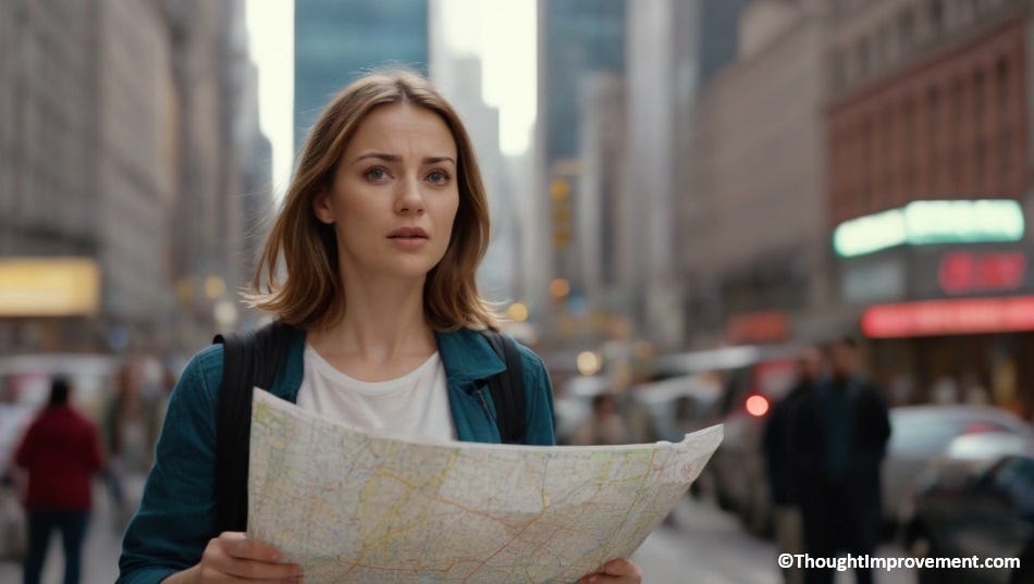A lost woman looking at a map.