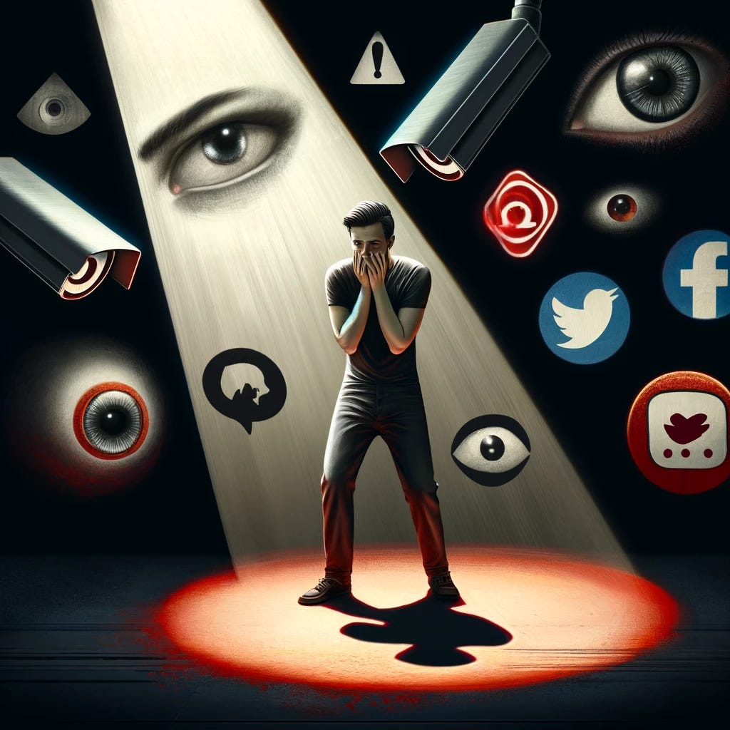An artistic rendering of a person feeling exposed, representing privacy nihilism. The person is standing in a spotlight, looking vulnerable and anxious. Around them, shadows of surveillance cameras, eyes, and social media icons loom ominously. The background is dark and abstract, emphasizing the feeling of exposure and loss of privacy. The person's expression should convey a sense of helplessness and resignation, capturing the essence of privacy being dead. An artistic rendering of a person feeling exposed, representing privacy nihilism. The person is standing in a spotlight, looking vulnerable and anxious. Around them, shadows of surveillance cameras, eyes, and social media icons loom ominously. The background is dark and abstract, emphasizing the feeling of exposure and loss of privacy. The person's expression should convey a sense of helplessness and resignation, capturing the essence of privacy being dead.
