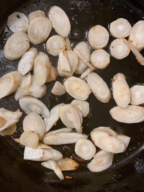 Left/top Sliced burdock root, center,  tossed in a pan with bacon fat, Left/bottom,  stir fried to desired doneness. 