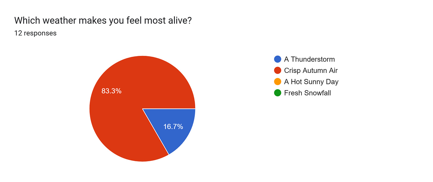 Forms response chart. Question title: Which weather makes you feel most alive?. Number of responses: 12 responses.