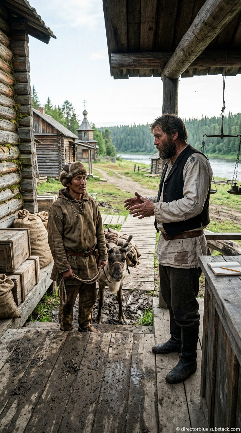 IMAGE PROMPT FOR HISTORIC REENACTMENT EDUCATIONAL SERIES (TUNGUSKA EVENT) (1908) A weathered Russian man in his mid-40s broad-shouldered with a thick dark brown beard streaked with early gray deep-set hazel eyes with crows feet sun-darkened _image_1