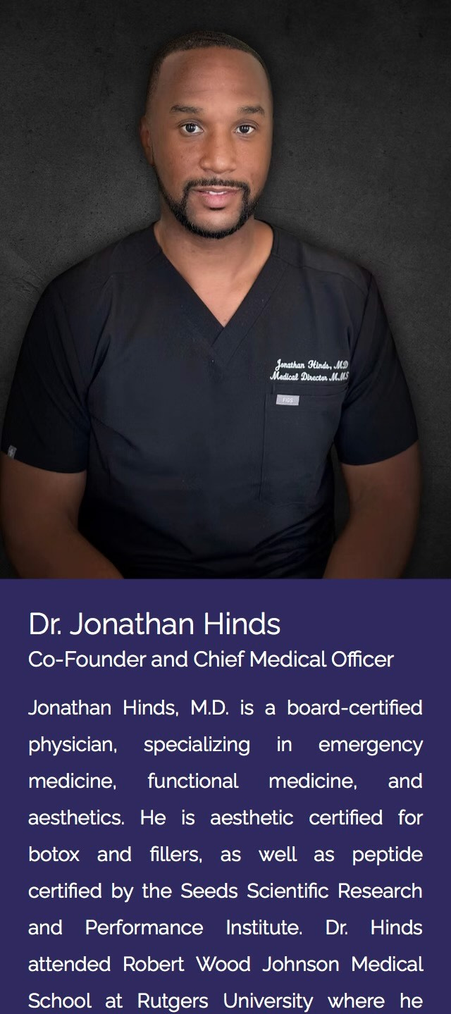 May be an image of ‎1 person, beard, magazine and ‎text that says '‎Jenathen Hind M Medical ای ndont มีเบรโอ 肌.鲜 0 Dr. Jonathan Hinds Co-Founder and Chief Medical Officer Jonathan Hinds, M.D. is a board-certified certified physician, specializing in medicine, functional emergency aesthetics. He medicine, is and botox aesthetic and certified fillers, as for certified well as and by the Seeds Scientific Research peptide Performance Institute. Dr. attended Robert Wood Hinds School at Rutgers University Johnson Medical where he‎'‎‎