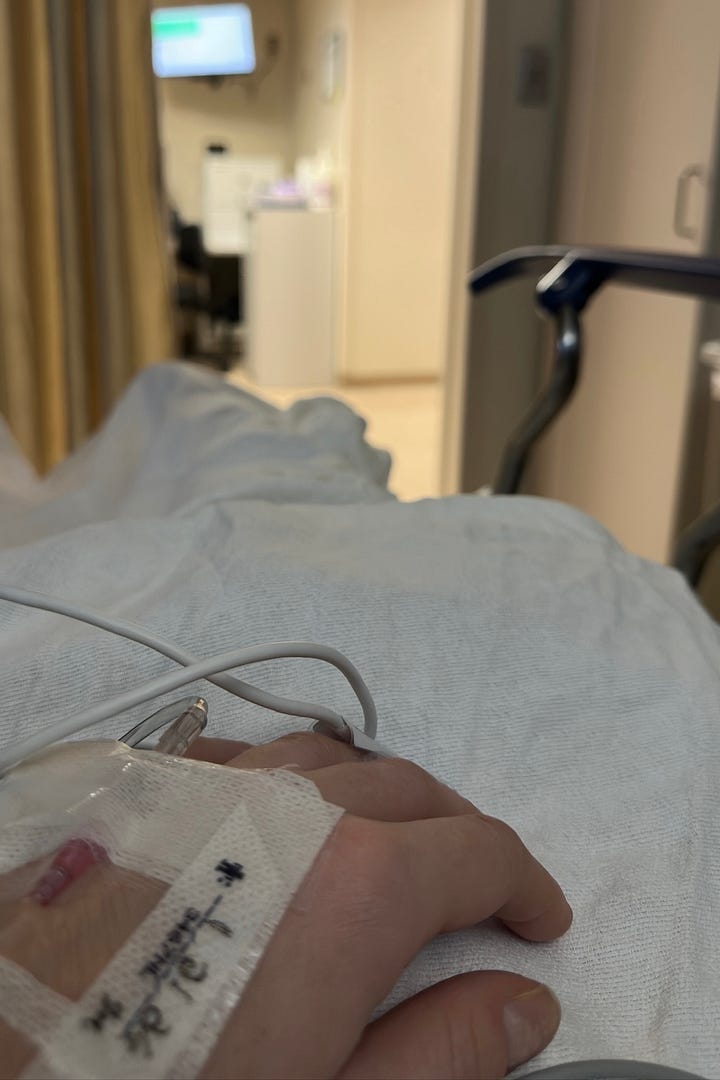 Two photos displayed, with one showing a patient with an IV. The other showing a hospital room.