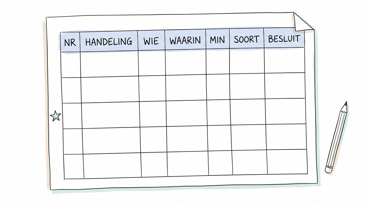 Schets van een leeg stappenblad met zeven kolommen en een sterretje in de kantlijn Schets van een leeg stappenblad met zeven kolommen en een sterretje in de kantlijn