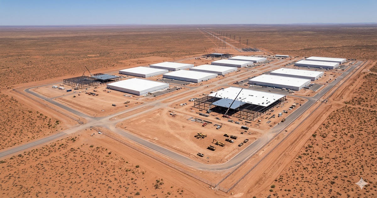 Aerial view of a large-scale data center campus under construction adjacent to high-voltage electrical transmission infrastructure, illustrating the dependency of data center growth on grid capacity.