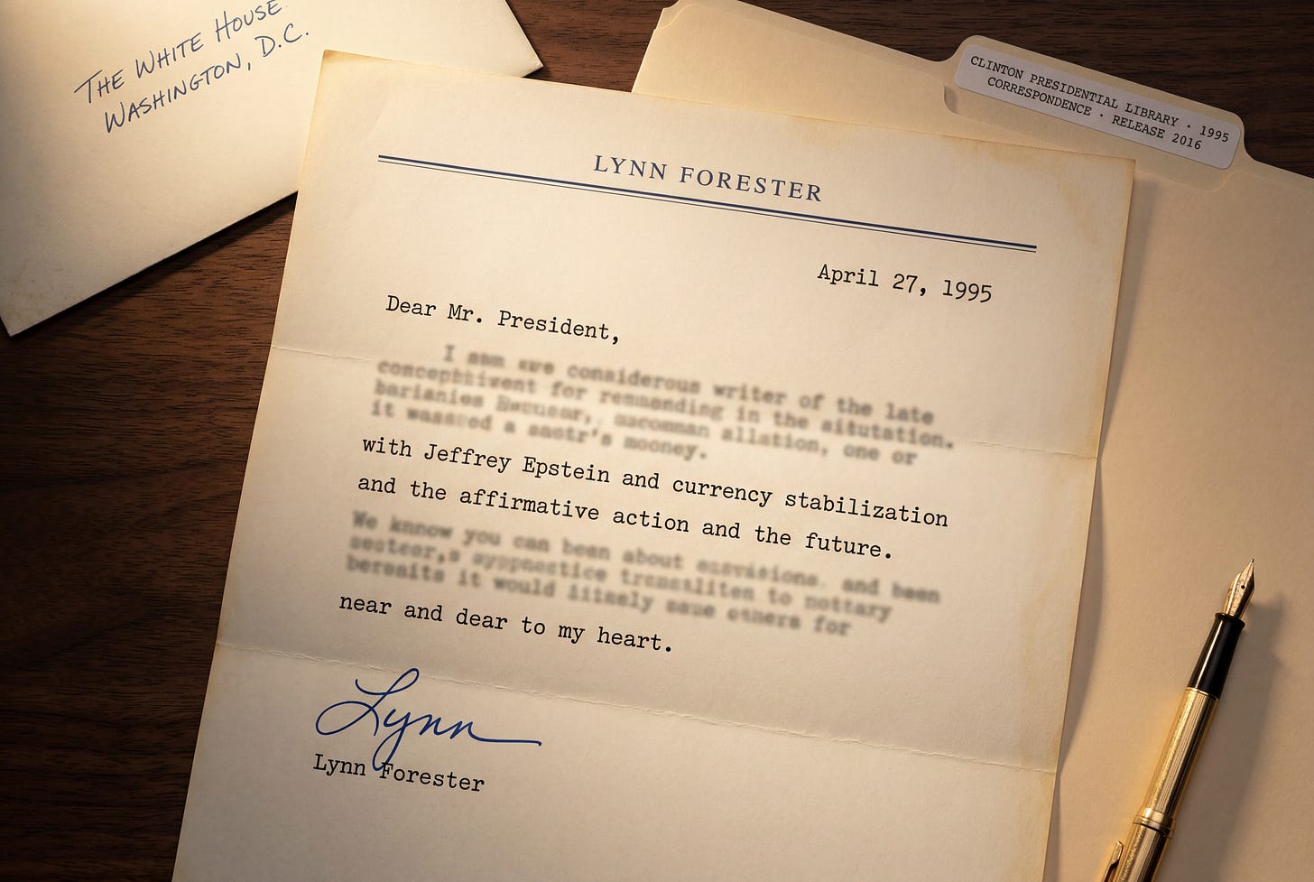 An overhead photograph of a personal letter dated April 27, 1995, from Lynn Forester to President Bill Clinton, lying on a dark walnut desk under warm directional lighting. The letter is on aged ivory stationery with a small navy-blue "Lynn Forester" letterhead at the top. The body text is rendered in typewriter font, with three phrases clearly legible while surrounding text slightly blurs: "Jeffrey Epstein and currency stabilization," "affirmative action and the future," and "near and dear to my heart." A handwritten signature in blue ink reads "Lynn" above the typewritten name "Lynn Forester." Visible in the frame: the edge of a Clinton Presidential Library folder tab in the upper right, a vintage gold fountain pen resting diagonally in the lower right, and the corner of a matching ivory envelope addressed to the White House in the upper left.