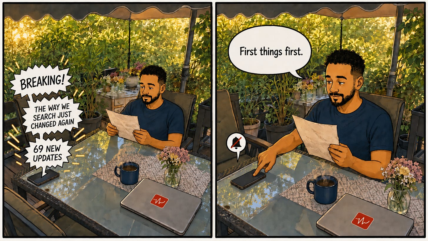 Two-panel comic of a man on a patio silencing his phone as it buzzes with breaking search updates, holding his printed list and saying, "First things first." Two-panel comic of a man on a patio silencing his phone as it buzzes with breaking search updates, holding his printed list and saying, "First things first."