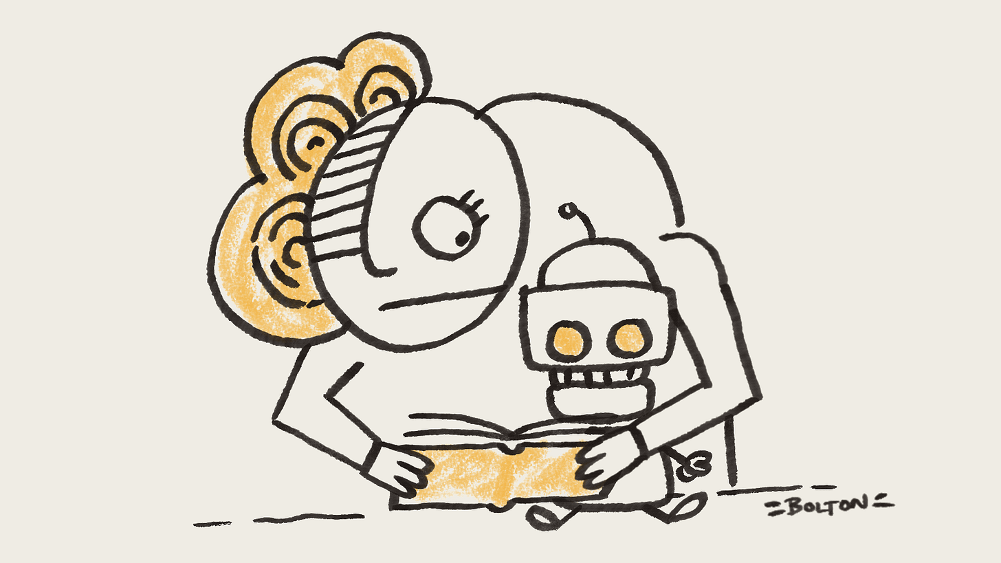 Animated illustration of a child reading a book to a small robot, for a story about AI, learning and the purpose of school. Animated illustration of a child reading a book to a small robot, for a story about AI, learning and the purpose of school.