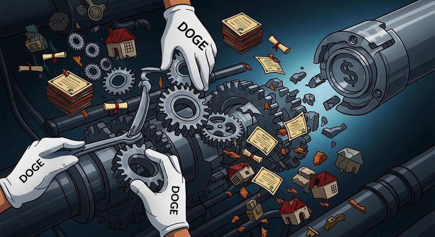  Stylized illustration in a graphic novel style. Hands labeled 'DOGE' are shown interacting with a complex system of gears and machinery, representing government processes. Documents, money with dollar signs, and small house icons are scattered around, suggesting outcomes or resources being affected by DOGE's actions.