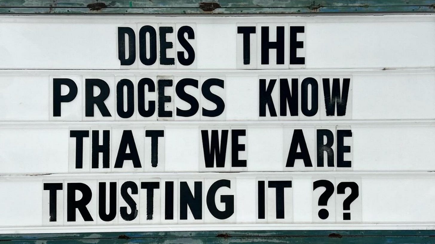 Online meme, featuring a roadside sign with the text in all-caps: "Does the process know that we are trusting it??"