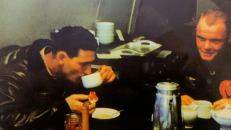 Ted Williams and John Glenn in flight jackets during the Korean War