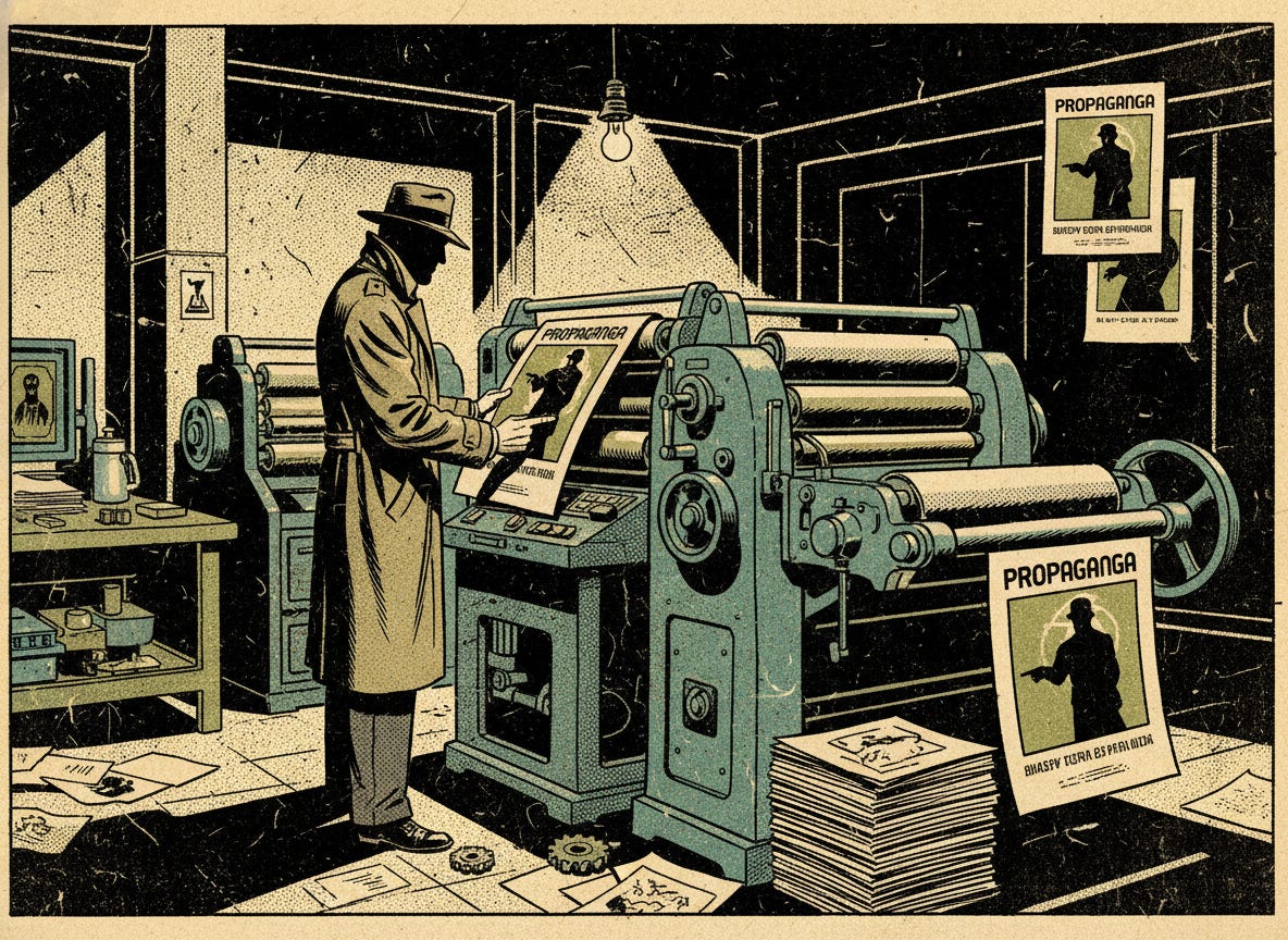 A spy is at a printing press printing propaganda
A spy is at a printing press printing propaganda