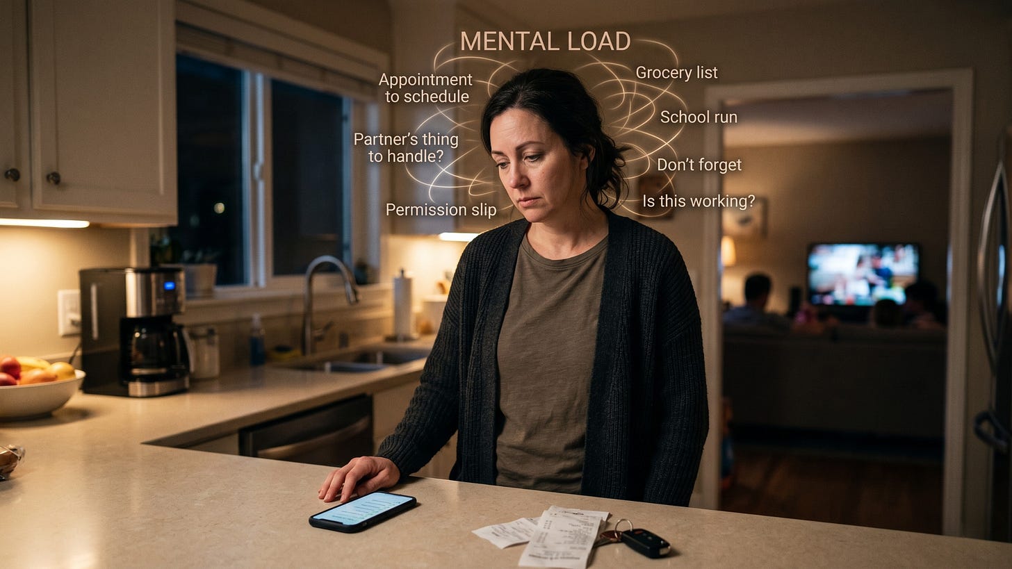 A weary woman stands alone in a dimly lit kitchen at night, leaning against the counter with her hand on a smartphone. In the blurred background, a family sits in a brightly lit living room watching TV, physically close but emotionally distant. Floating around the woman's head are faint, glowing handwritten-style notes representing her mental load, with phrases like "Permission slip," "Appointment to schedule," and "Is this working?" The overall mood is one of quiet exhaustion and isolation within a busy home.