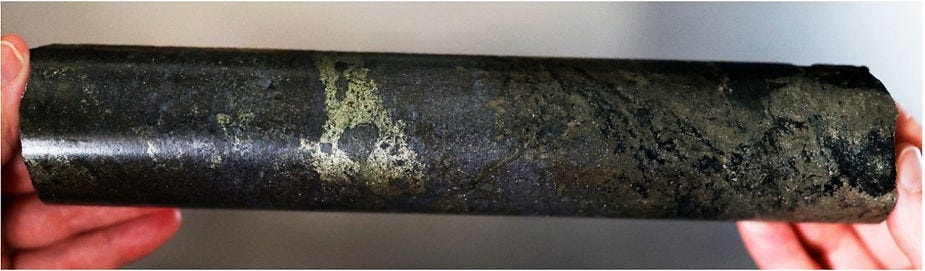 Figure 21 - KLD25-28 from 25 m – semi-massive to massive pyrite, chalcopyrite and silicified basalt.