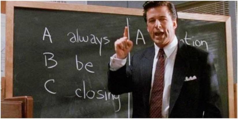 Alec Baldwin as Blake stands in front of a chalk board in Glengarry Glen Ross. Alec Baldwin as Blake stands in front of a chalk board in Glengarry Glen Ross.