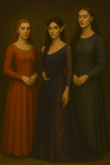 A portrait of three women standing together in elegant party attire, each rendered according to her defined feature palette and with Clarion clearly taller and statuesque. Ireena stands at the left, human and warm, with flowing chestnut hair, luminous eyes, and a calm, resolute expression. She wears a crimson silk gown warm as embers, with gold embroidery in old Barovian glyphs across the bodice and cuffs. Her sleeves are long and fitted, the back of the gown dipping in a proud arc. A dagger sheath is hidden in the folds of her skirt. Silverleaf stands at the center, ethereal and unmistakably elven, with delicate pointed ears, high cheekbones, and large expressive eyes. Her silvery-blonde hair cascades over one shoulder. She wears a dusky violet velvet gown, asymmetrically cut with one shoulder bare and the other wrapped in sheer lace. Embroidered thorns coil up from the hem, and the velvet shimmers with enchanted moonlight hues. Clarion stands at the right, visibly taller than both women, statuesque and commanding. She has pale skin and striking black hair reminiscent of Gwendoline Christie, her expression solemn and protective. Her charcoal silk gown is high‑necked with moonstone clasps at the bodice, and protective scripture stitched into the lining. The skirt swishes with hidden weight, discreet armor beneath flowing chiffon. The three stand in soft lantern light against a backdrop of warm wood and shadowed stone, their presence unified yet distinct.